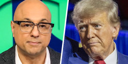 A split composite of Ali Velshi and Donald Trump.