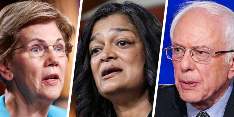 A three way split image of Elizabeth Warren, Pramila Jayapal; and Bernie Sanders.